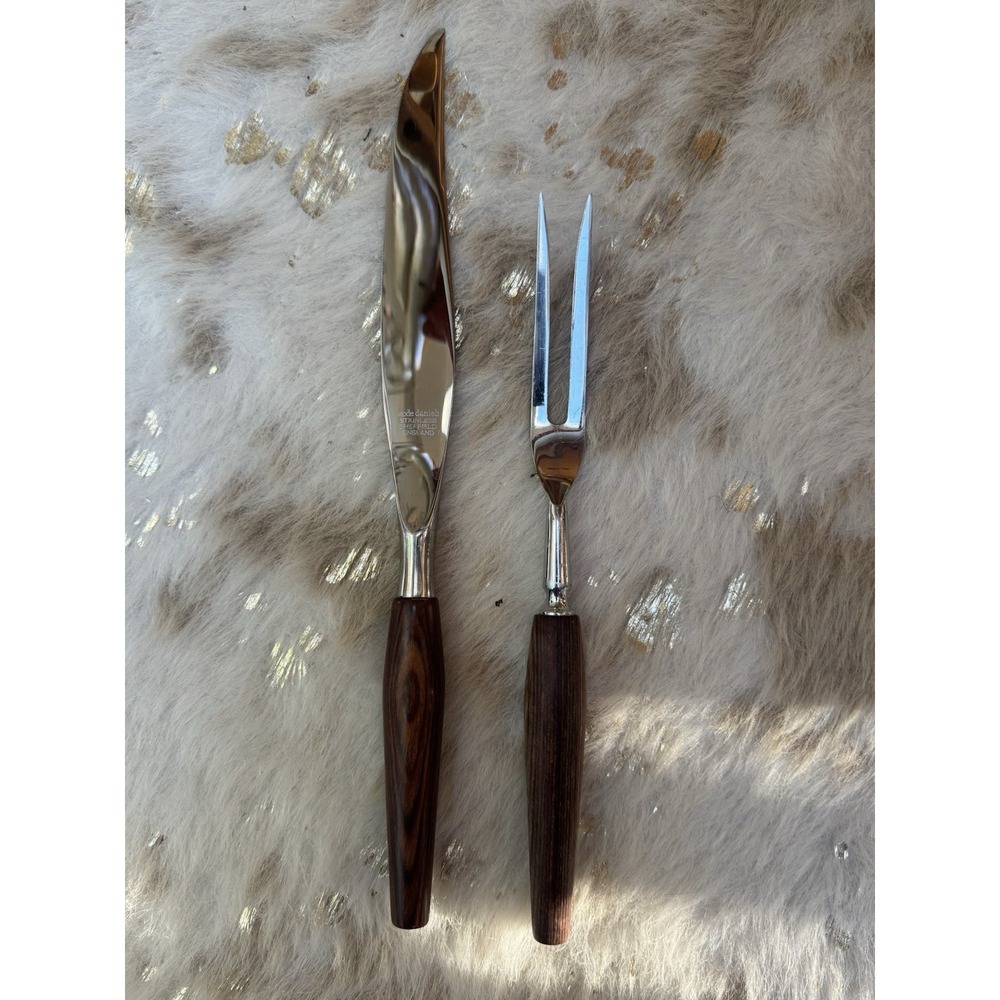 VTG MODE Danish Sheffield England Carving Knife & Fork Set Teak Wood Stainless